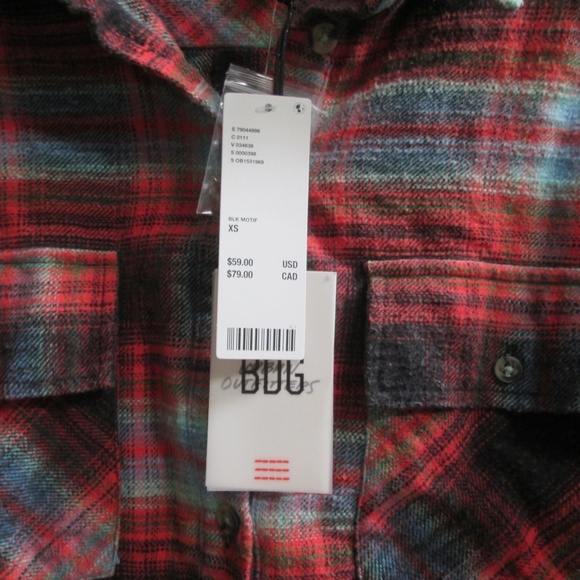 BDG Urban Outfitter RED plaid flannel long sleeves crop BUTTON DOWN shirt Sz XS - Picture 3 of 9
